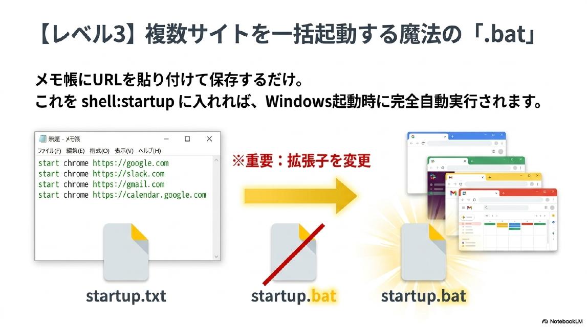 【レベル3】複数サイトを一括起動する魔法の「.bat」。メモ帳にURLを貼り付けて保存するだけ。これをshell:startupに入れれば、Windows起動時に完全自動実行されます。startup.txt→拡張子を変更→startup.bat（重要：拡張子を変更）→複数のサイトが一括起動