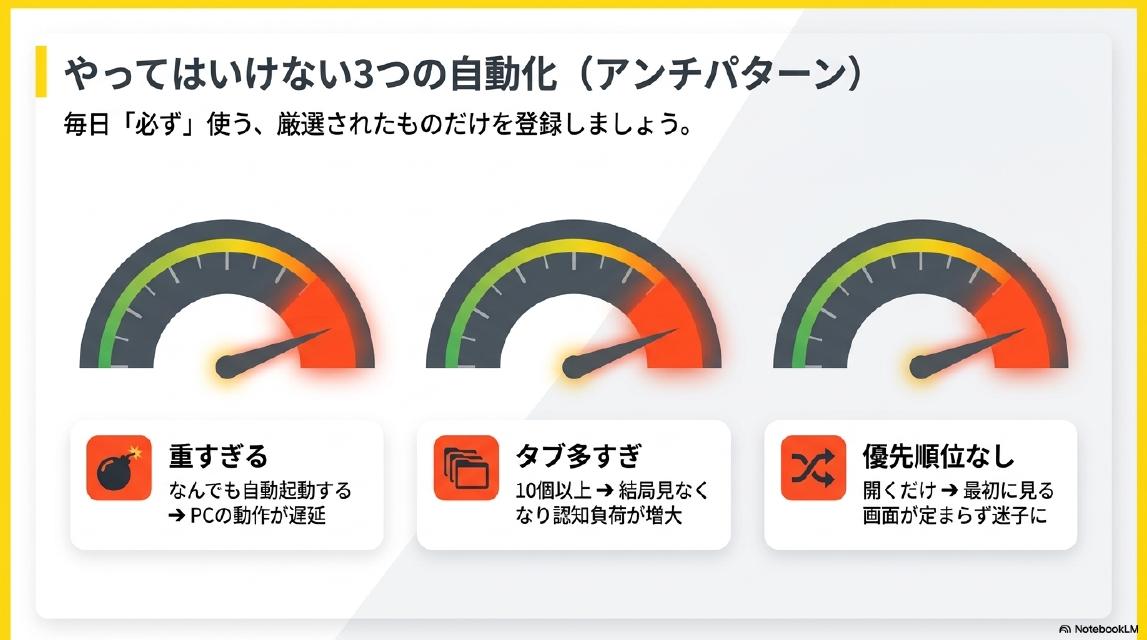 やってはいけない3つの自動化（アンチパターン）。毎日「必ず」使う、厳選されたものだけを登録しましょう。重すぎる：なんでも自動起動する→PCの動作が遅延。タブ多すぎ：10個以上→結局見なくなり認知負荷が増大。優先順位なし：開くだけ→最初に見る画面が定まらず迷子に。