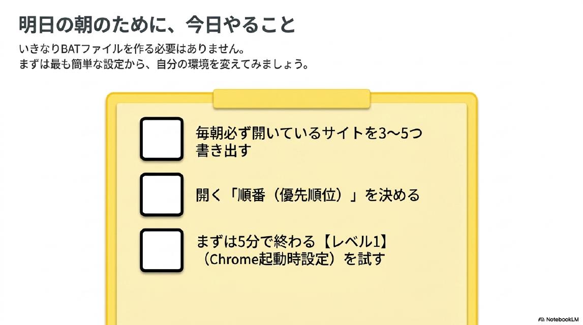 明日の朝のために、今日やること。いきなりBATファイルを作る必要はありません。まずは最も簡単な設定から、自分の環境を変えてみましょう。チェックリスト：毎朝必ず開いているサイトを3〜5つ書き出す。開く「順番（優先順位）」を決める。まずは5分で終わる【レベル1】（Chrome起動時設定）を試す。