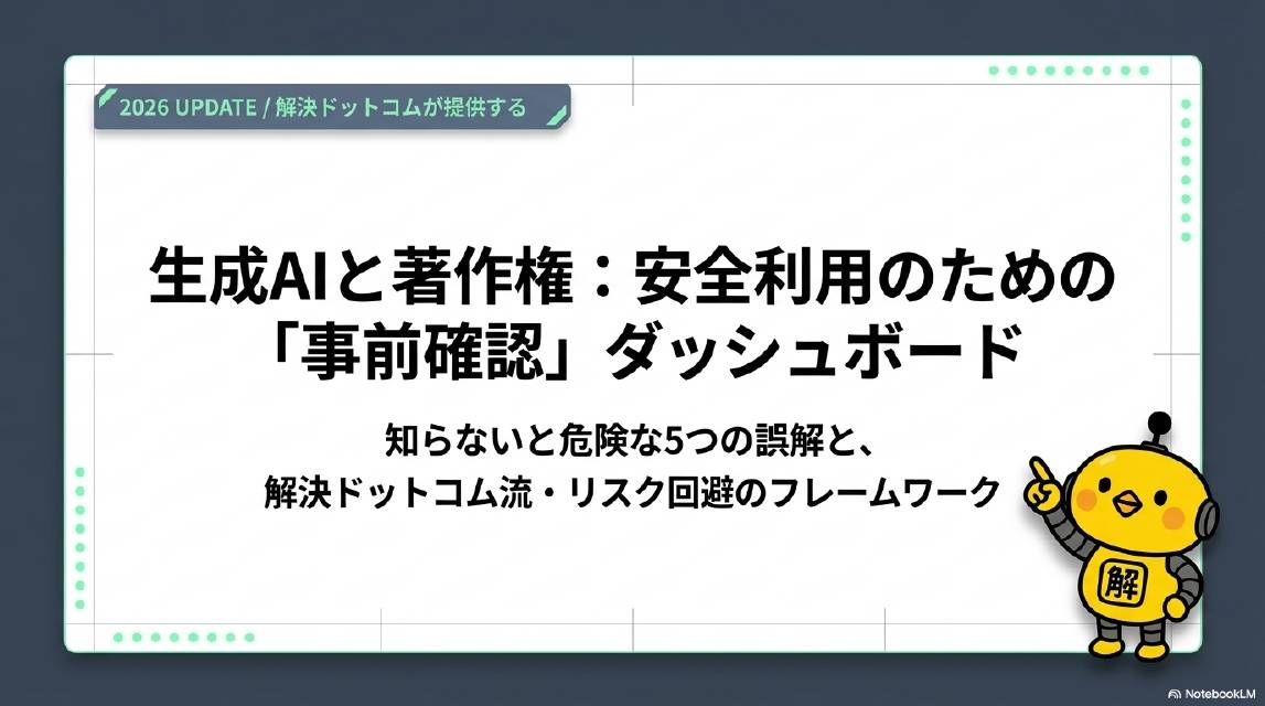 生成AIと著作権：安全利用のための事前確認ダッシュボード。2026 UPDATE 解決ドットコムが提供する。知らないと危険な5つの誤解と解決ドットコム流リスク回避のフレームワーク。
