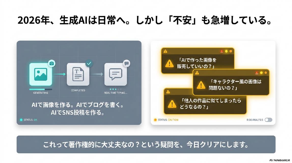 2026年、生成AIは日常へ。しかし不安も急増している。AIで画像を作る・AIでブログを書く・AIでSNS投稿を作る。一方でAIで作った画像を販売していいの？キャラクター風の画像は問題ないの？他人の作品に似てしまったらどうなるの？という疑問が急増。これって著作権的に大丈夫なの？という疑問を今日クリアにします。