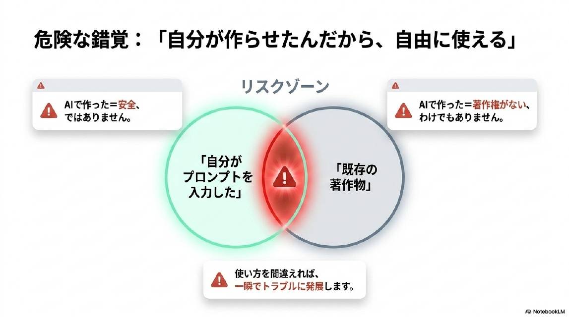 危険な錯覚：自分が作らせたんだから自由に使える。リスクゾーン：自分がプロンプトを入力した（左）と既存の著作物（右）の重なる部分が危険。AIで作った＝安全ではありません。AIで作った＝著作権がないわけでもありません。使い方を間違えれば一瞬でトラブルに発展します。