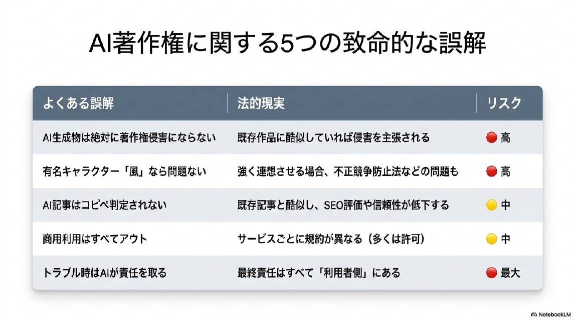 AI著作権に関する5つの致命的な誤解。よくある誤解・法的現実・リスク一覧。AI生成物は絶対に著作権侵害にならない→既存作品に酷似していれば侵害を主張される（リスク高）。有名キャラクター風なら問題ない→強く連想させる場合不正競争防止法などの問題も（リスク高）。AI記事はコピペ判定されない→既存記事と酷似しSEO評価や信頼性が低下する（リスク中）。商用利用はすべてアウト→サービスごとに規約が異なる（多くは許可）（リスク中）。トラブル時はAIが責任を取る→最終責任はすべて利用者側にある（リスク最大）。