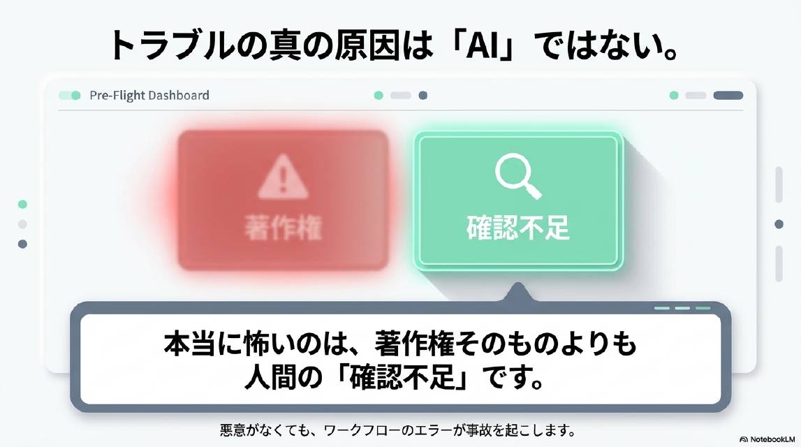 トラブルの真の原因はAIではない。Pre-Flight Dashboardに著作権（赤・ぼやけている）と確認不足（緑・クリア）が表示されている。本当に怖いのは著作権そのものよりも人間の確認不足です。悪意がなくてもワークフローのエラーが事故を起こします。