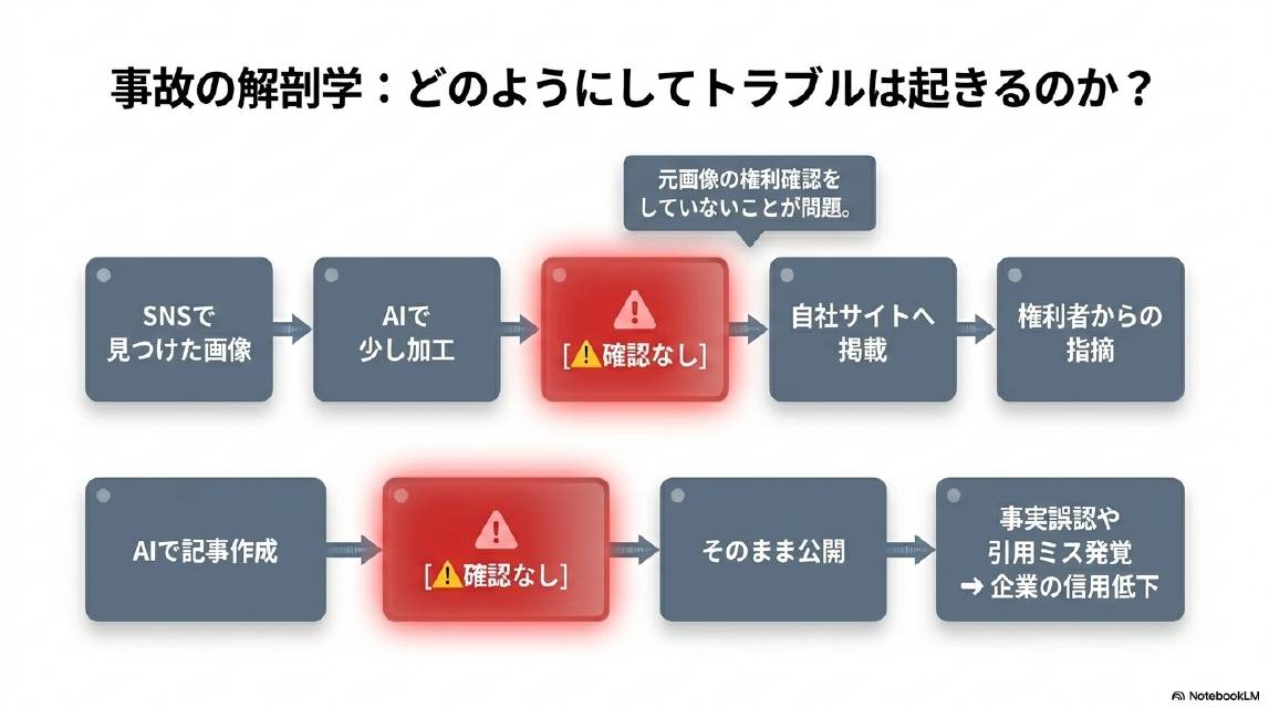 事故の解剖学：どのようにしてトラブルは起きるのか？ケース①：SNSで見つけた画像→AIで少し加工→確認なし→自社サイトへ掲載→権利者からの指摘。元画像の権利確認をしていないことが問題。ケース②：AIで記事作成→確認なし→そのまま公開→事実誤認や引用ミス発覚→企業の信用低下。