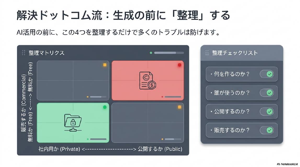 解決ドットコム流：生成の前に整理する。AI活用の前にこの4つを整理するだけで多くのトラブルは防げます。整理マトリクス：社内用（Private）か公開するか（Public）×無料か商用（Commercial）かの4象限。整理チェックリスト：何を作るのか・誰が使うのか・公開するのか・販売するのか。