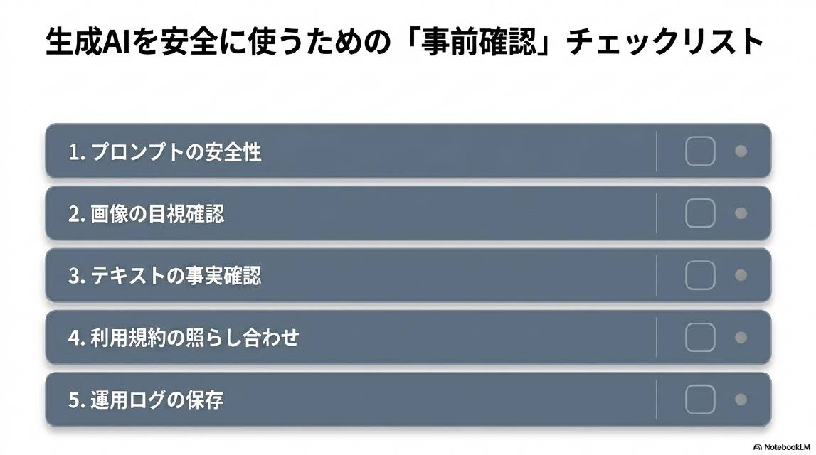 生成AIを安全に使うための事前確認チェックリスト。1.プロンプトの安全性・2.画像の目視確認・3.テキストの事実確認・4.利用規約の照らし合わせ・5.運用ログの保存。