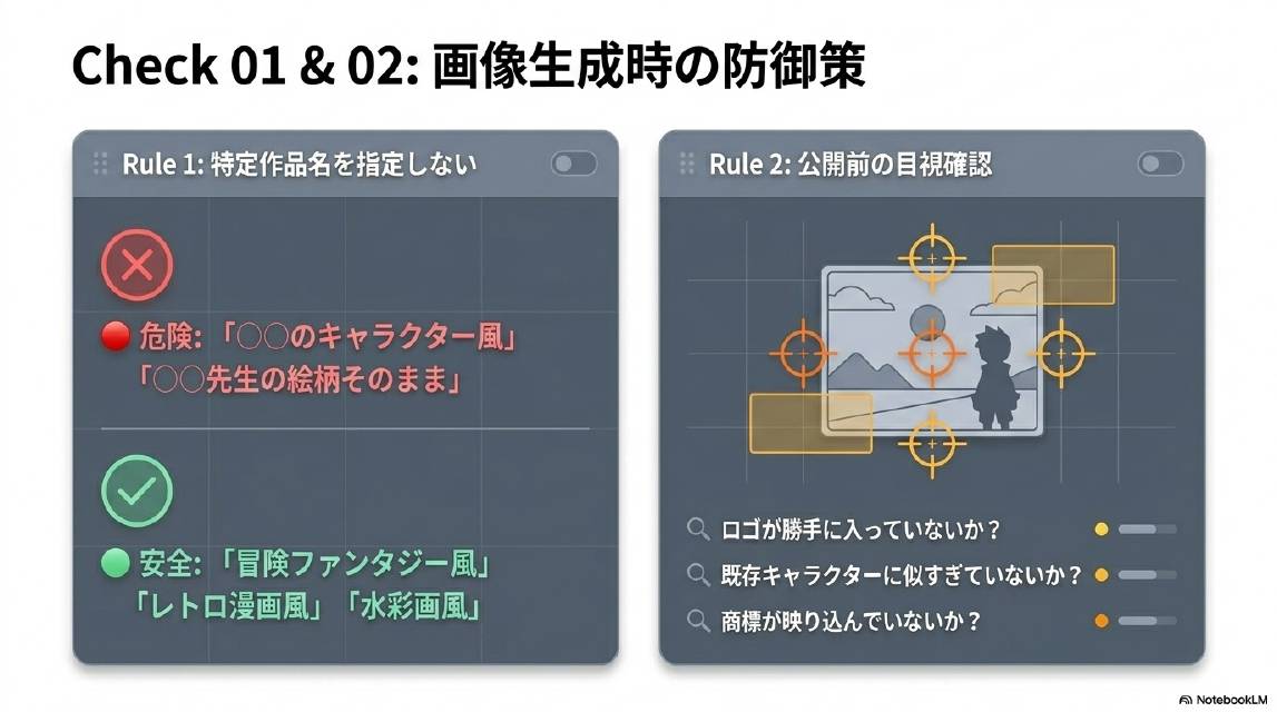Check01&02：画像生成時の防御策。Rule1：特定作品名を指定しない。危険：〇〇のキャラクター風・〇〇先生の絵柄そのまま。安全：冒険ファンタジー風・レトロ漫画風・水彩画風。Rule2：公開前の目視確認。ロゴが勝手に入っていないか・既存キャラクターに似すぎていないか・商標が映り込んでいないか。