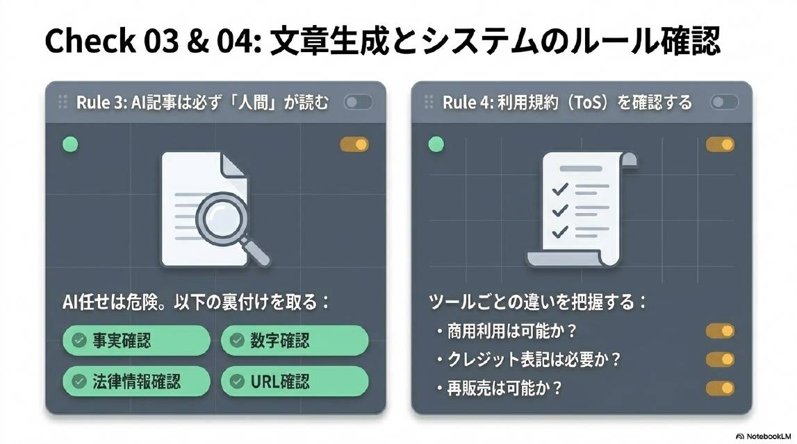 Check03&04：文章生成とシステムのルール確認。Rule3：AI記事は必ず人間が読む。AI任せは危険。裏付けを取る：事実確認・数字確認・法律情報確認・URL確認。Rule4：利用規約（ToS）を確認する。ツールごとの違いを把握する：商用利用は可能か・クレジット表記は必要か・再販売は可能か。