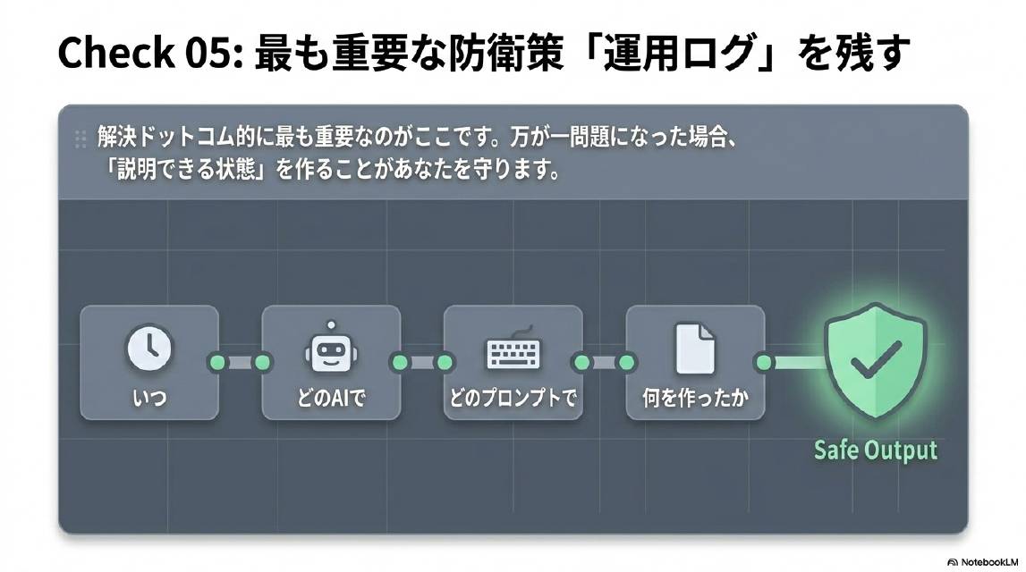 Check05：最も重要な防衛策・運用ログを残す。解決ドットコム的に最も重要なのがここです。万が一問題になった場合説明できる状態を作ることがあなたを守ります。いつ→どのAIで→どのプロンプトで→何を作ったか→Safe Output（盾マーク）。