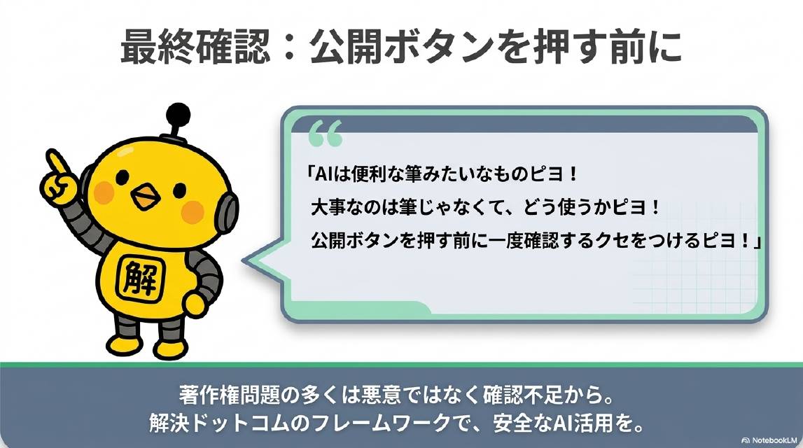 最終確認：公開ボタンを押す前に。AIは便利な筆みたいなものピヨ！大事なのは筆じゃなくて、どう使うかピヨ！公開ボタンを押す前に一度確認するクセをつけるピヨ！著作権問題の多くは悪意ではなく確認不足から。解決ドットコムのフレームワークで安全なAI活用を。