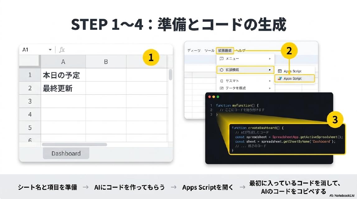 STEP1〜4：準備とコードの生成。①シート名と項目を準備（A1:本日の予定、A2:最終更新、シートタブ名Dashboard）→AIにコードを作ってもらう→Apps Scriptを開く（拡張機能→Apps Script）→最初に入っているコードを消して、AIのコードをコピペする