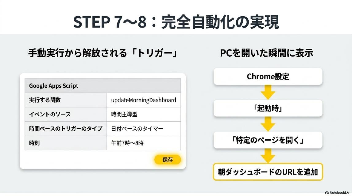 STEP7〜8：完全自動化の実現。手動実行から解放される「トリガー」：実行する関数=updateMorningDashboard・イベントのソース=時間主導型・時間ベースのトリガーのタイプ=日付ベースのタイマー・時刻=午前7時〜8時。PCを開いた瞬間に表示：Chrome設定→「起動時」→「特定のページを開く」→朝ダッシュボードのURLを追加。