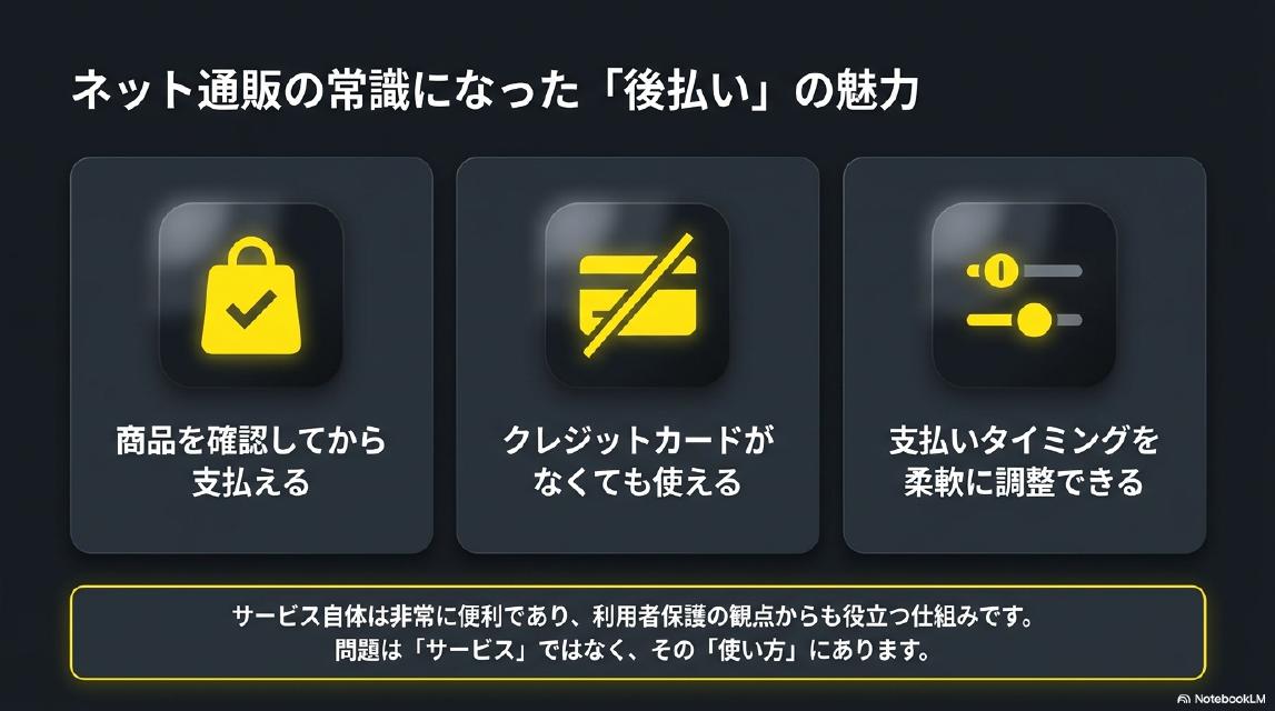 ネット通販の常識になった「後払い」の魅力。商品を確認してから支払える・クレジットカードがなくても使える・支払いタイミングを柔軟に調整できる。問題は「サービス」ではなく、その「使い方」にあります。