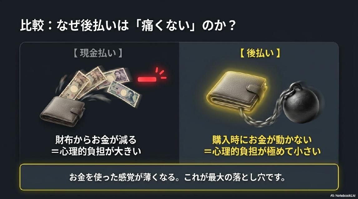 比較：なぜ後払いは「痛くない」のか？現金払い：財布からお金が減る＝心理的負担が大きい。後払い：購入時にお金が動かない＝心理的負担が極めて小さい。お金を使った感覚が薄くなる。これが最大の落とし穴です。