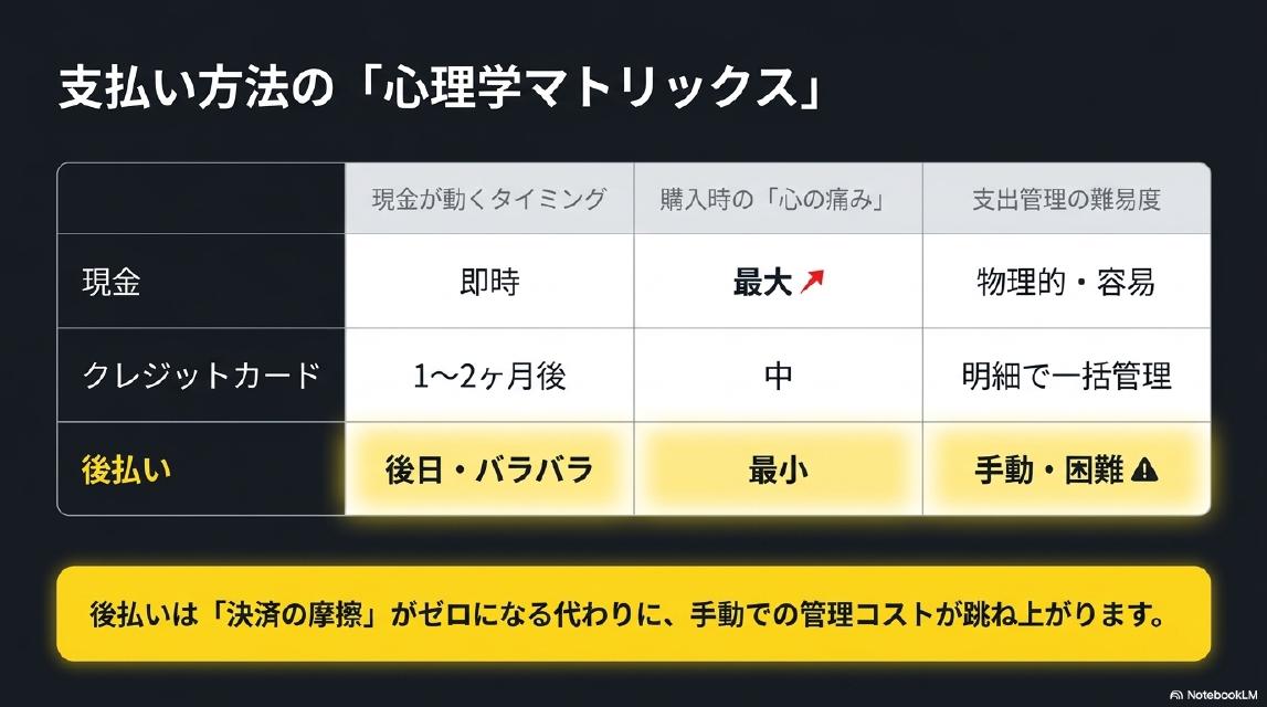 支払い方法の「心理学マトリックス」。現金：即時・最大・物理的容易。クレジットカード：1〜2ヶ月後・中・明細で一括管理。後払い：後日バラバラ・最小・手動・困難。後払いは「決済の摩擦」がゼロになる代わりに、手動での管理コストが跳ね上がります。