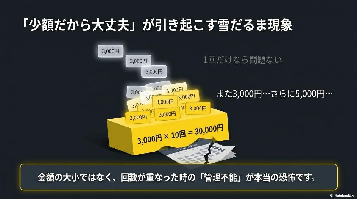 「少額だから大丈夫」が引き起こす雪だるま現象。3,000円×10回＝30,000円。金額の大小ではなく、回数が重なった時の「管理不能」が本当の恐怖です。
