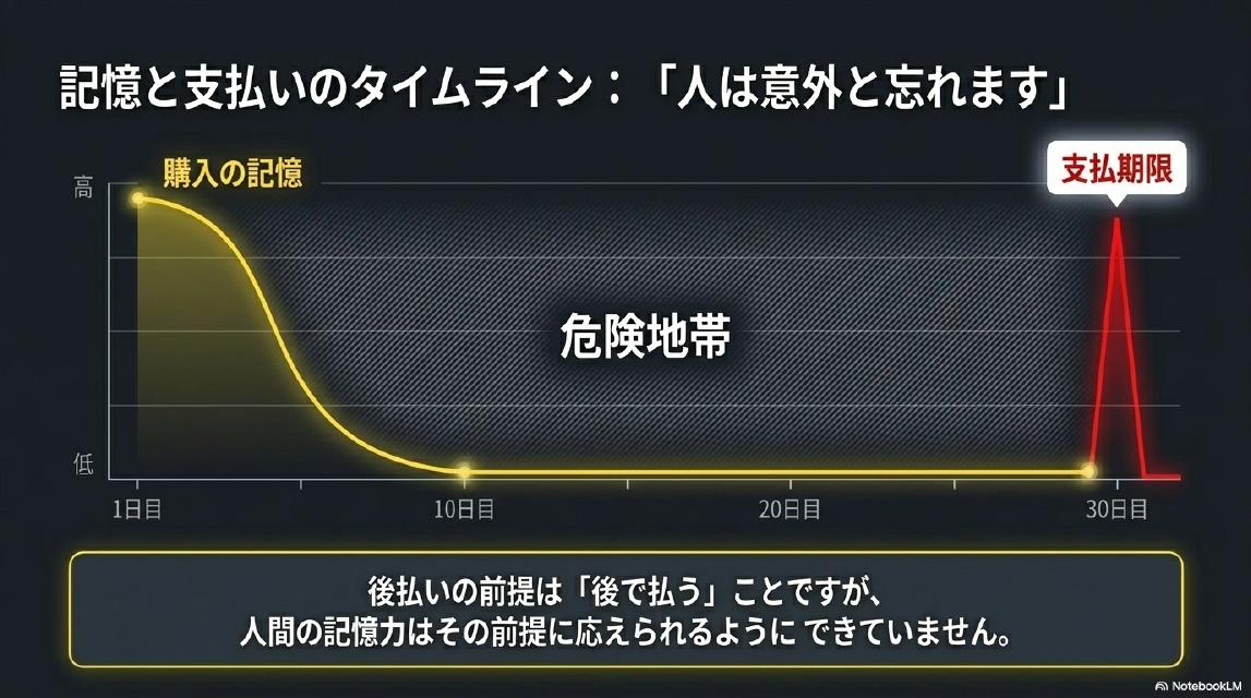 記憶と支払いのタイムライン。購入の記憶は急速に低下し10日目にはほぼゼロ。支払期限は30日目。その間が「危険地帯」。後払いの前提は「後で払う」ことですが、人間の記憶力はその前提に応えられるようにできていません。
