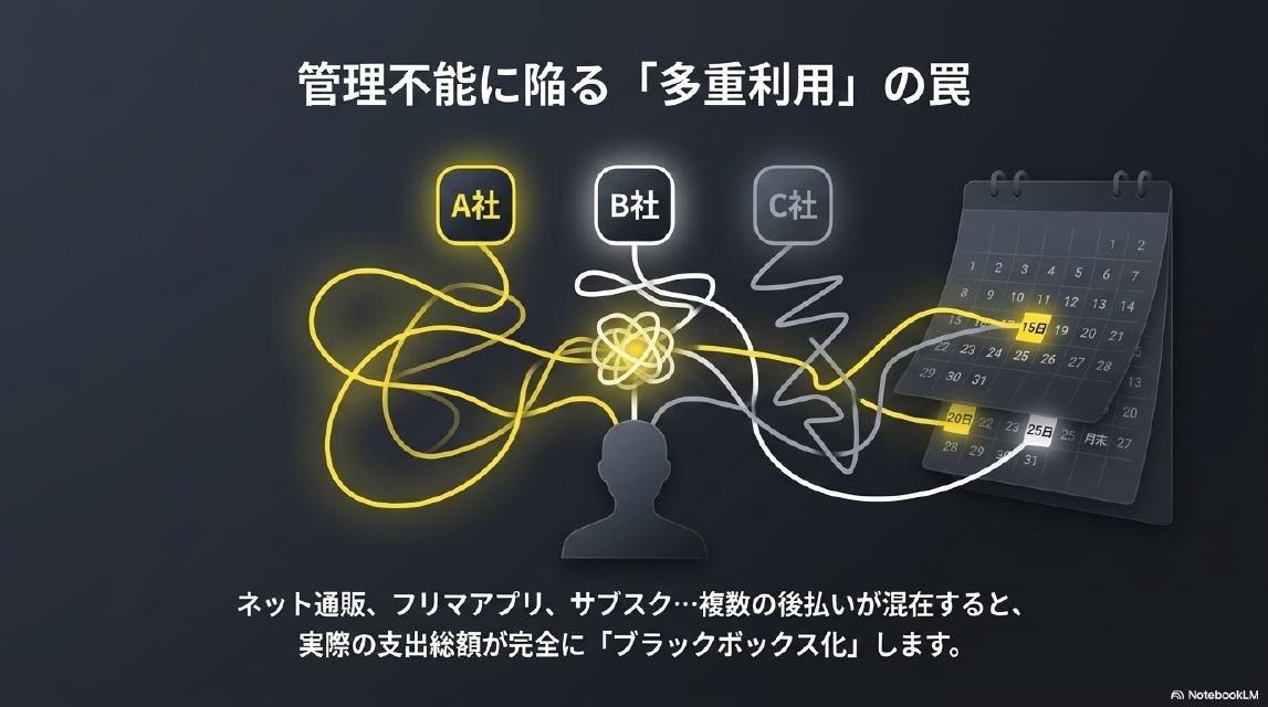管理不能に陥る「多重利用」の罠。A社・B社・C社それぞれ異なる支払期限。複数の後払いが混在すると、実際の支出総額が完全に「ブラックボックス化」します。