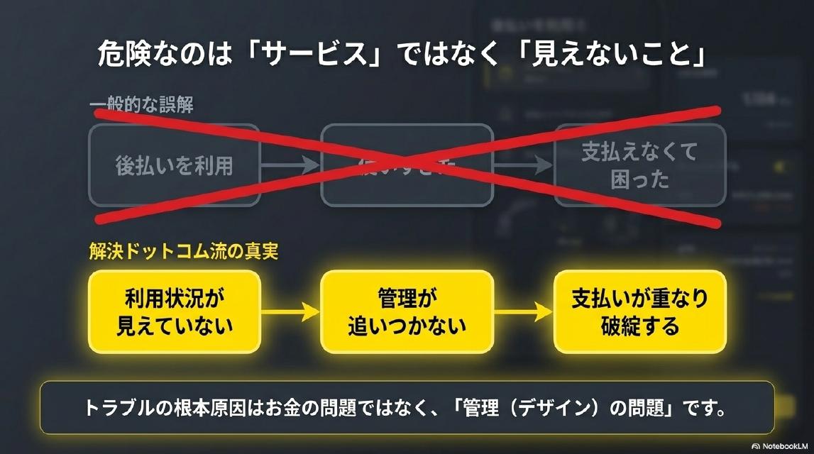 危険なのは「サービス」ではなく「見えないこと」。解決ドットコム流の真実：利用状況が見えていない→管理が追いつかない→支払いが重なり破綻する。トラブルの根本原因はお金の問題ではなく「管理（デザイン）の問題」です。