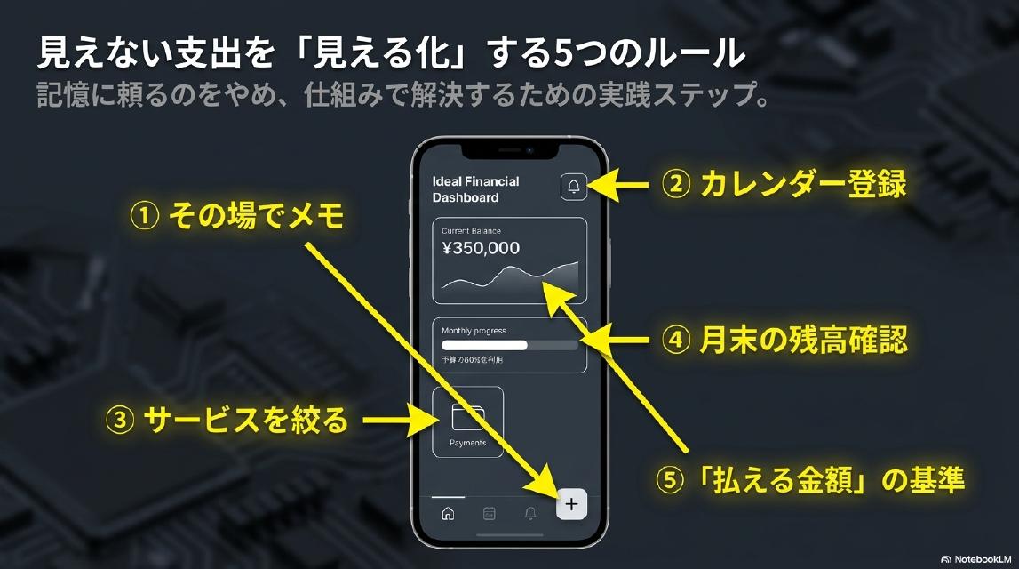 見えない支出を「見える化」する5つのルール。①その場でメモ・②カレンダー登録・③サービスを絞る・④月末の残高確認・⑤「払える金額」の基準。