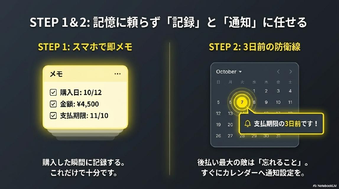 STEP1&2：記憶に頼らず「記録」と「通知」に任せる。STEP1 スマホで即メモ：購入日・金額・支払期限。STEP2 3日前の防衛線：支払期限の3日前に通知設定。