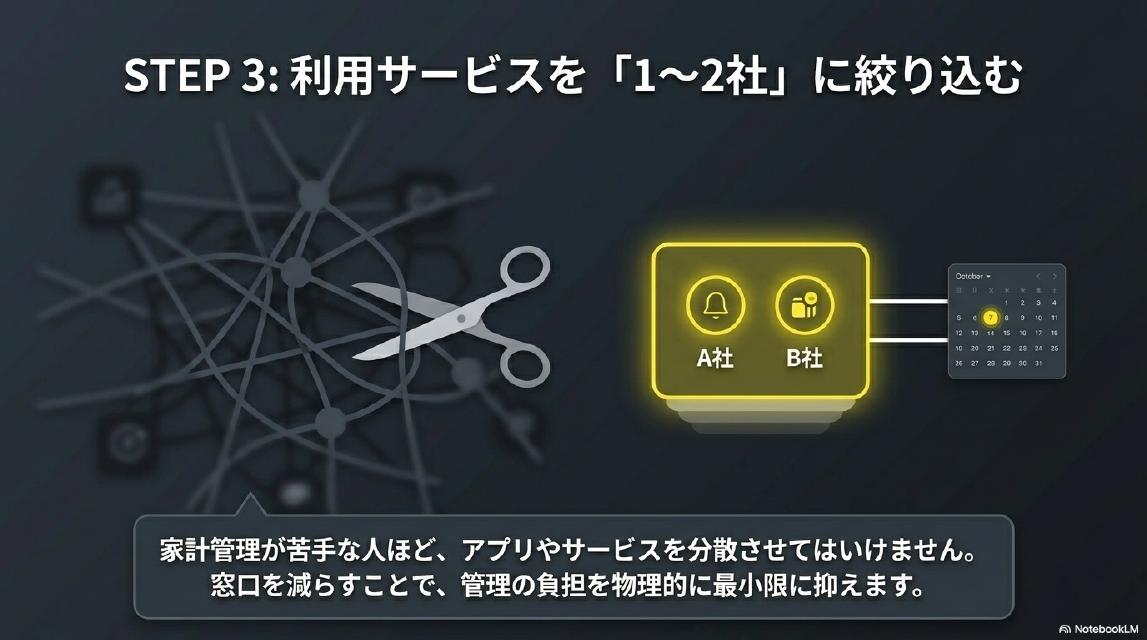 STEP3：利用サービスを「1〜2社」に絞り込む。家計管理が苦手な人ほど、サービスを分散させてはいけません。