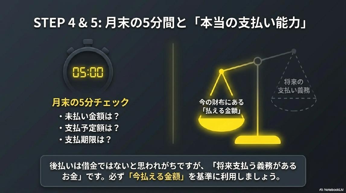 STEP4&5：月末の5分間と「本当の支払い能力」。月末5分チェック：未払い金額・支払予定額・支払期限。後払いは「将来支払う義務があるお金」です。必ず「今払える金額」を基準に利用しましょう。