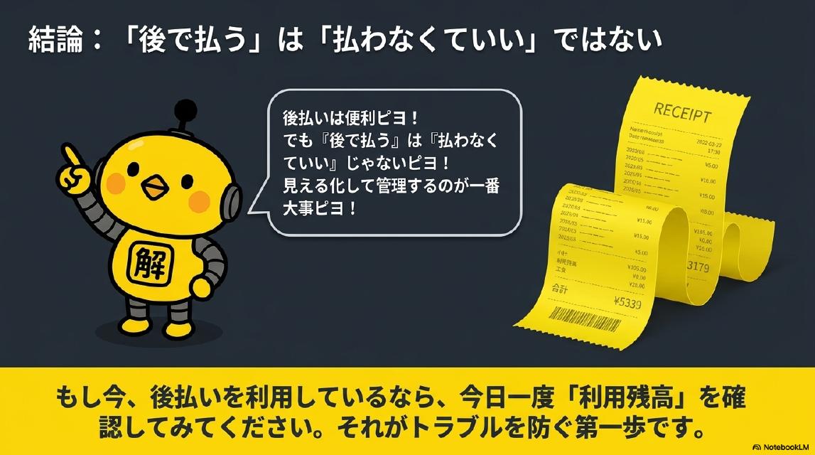 結論：「後で払う」は「払わなくていい」ではない。カイピヨくん：後払いは便利ピヨ！でも見える化して管理するのが一番大事ピヨ！今日一度「利用残高」を確認してみてください。