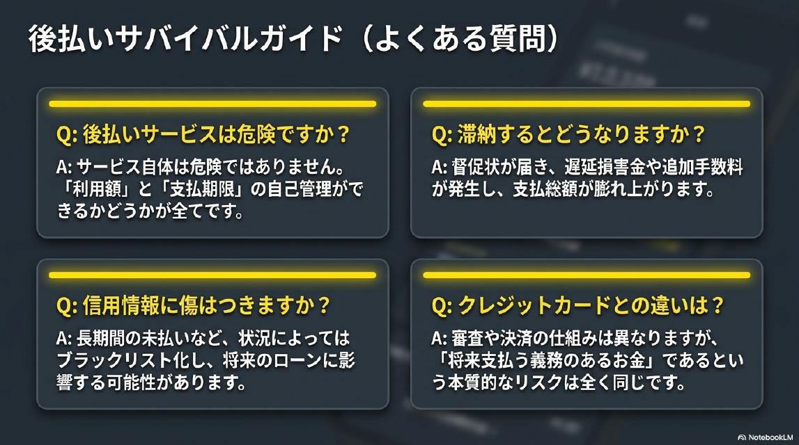 後払いサバイバルガイド（よくある質問）。後払いサービスは危険ですか？滞納するとどうなりますか？信用情報に傷はつきますか？クレジットカードとの違いは？