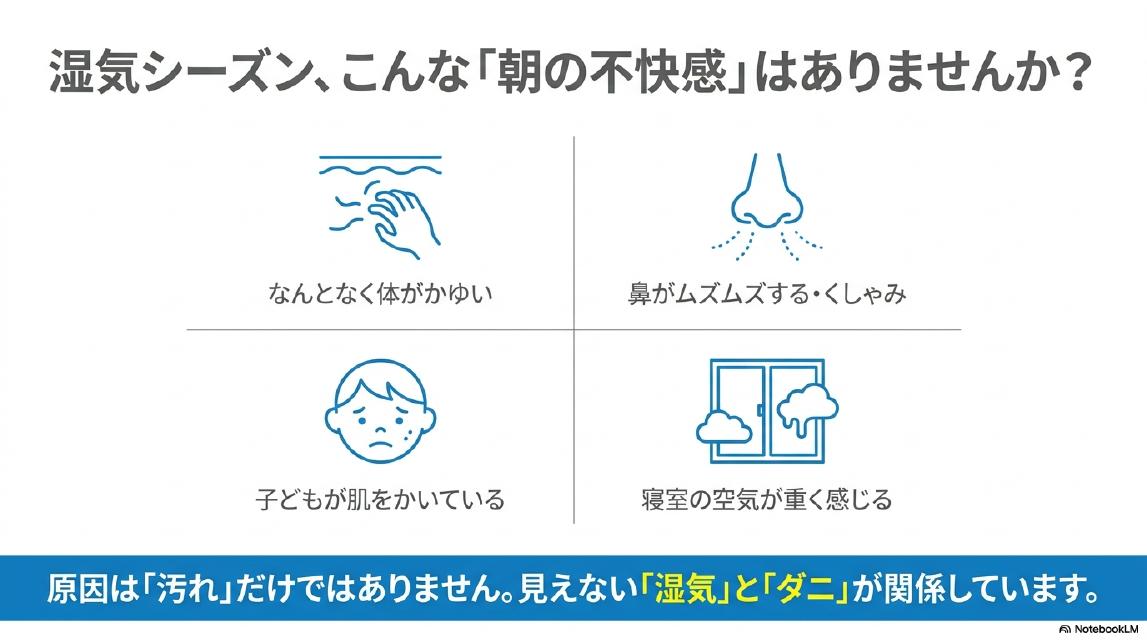 湿気シーズン、こんな朝の不快感はありませんか？なんとなく体がかゆい・鼻がムズムズする・くしゃみ・子どもが肌をかいている・寝室の空気が重く感じる。原因は「汚れ」だけではありません。見えない「湿気」と「ダニ」が関係しています。