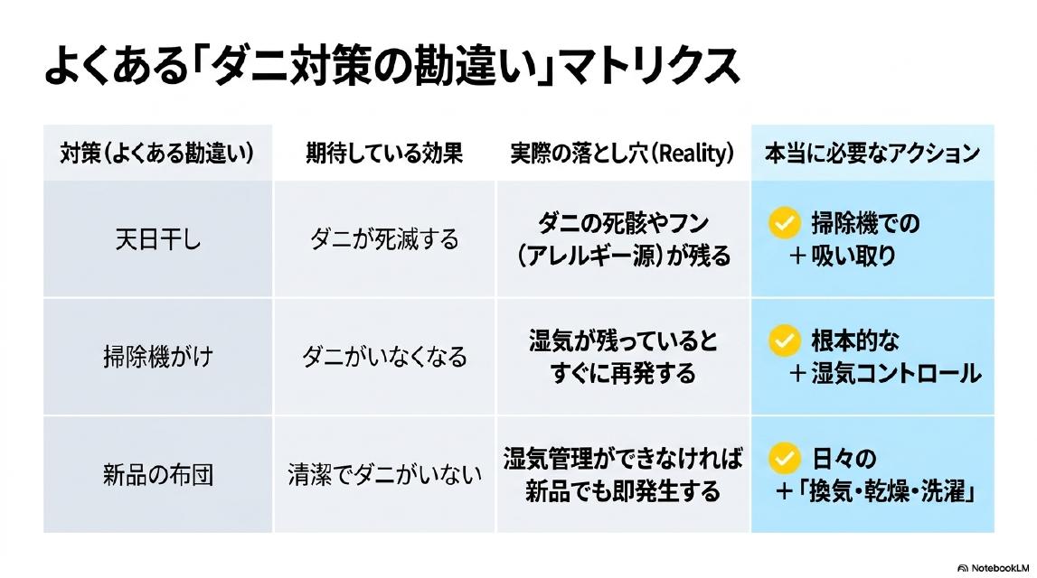 よくあるダニ対策の勘違いマトリクス。天日干し→ダニは死滅する（期待）→実際はダニの死骸やフンが残る→本当に必要なのは掃除機での吸い取り。掃除機がけ→ダニがいなくなる（期待）→湿気が残るとすぐ再発→根本的な湿気コントロールが必要。新品の布団→清潔でダニがいない（期待）→湿気管理できなければ新品でも即発生→日々の換気・乾燥・洗濯が必要。