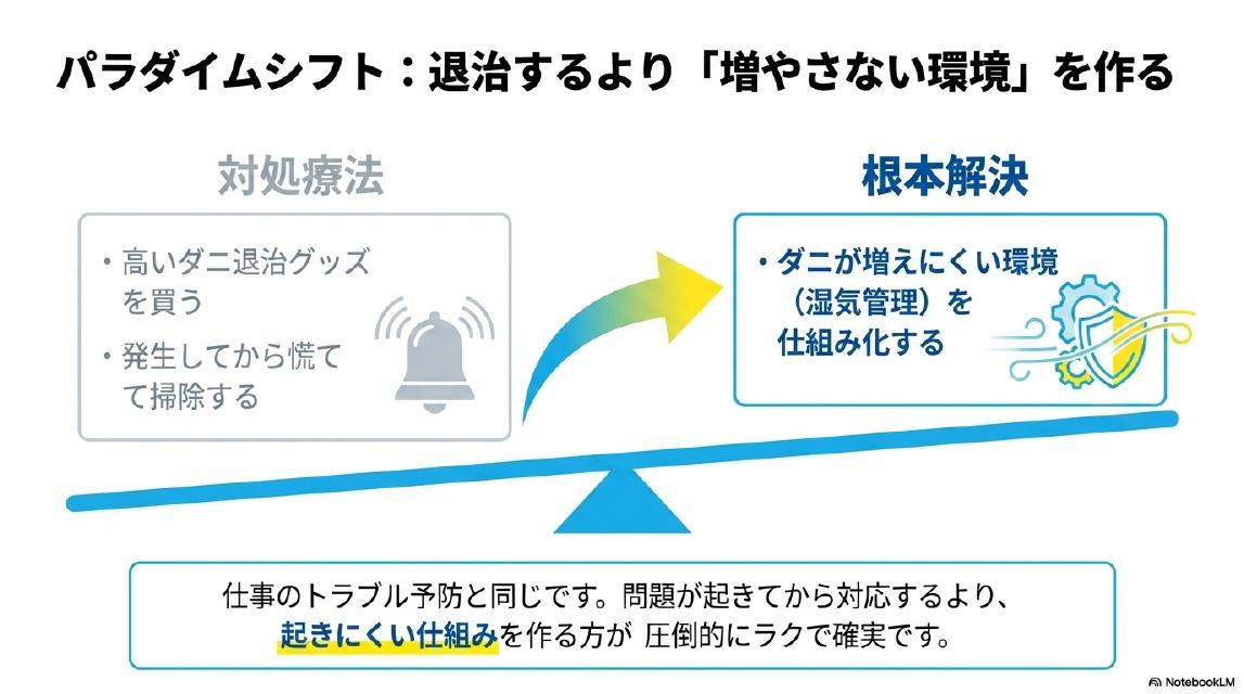 パラダイムシフト：退治するより増やさない環境を作る。対処療法：高いダニ退治グッズを買う・発生してから慌てて掃除する。根本解決：ダニが増えにくい環境（湿気管理）を仕組み化する。仕事のトラブル予防と同じです。問題が起きてから対応するより、起きにくい仕組みを作る方が圧倒的にラクで確実です。