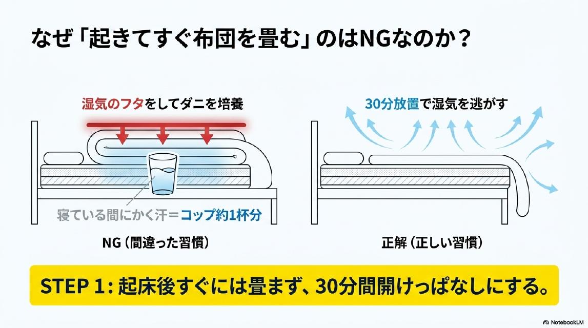 なぜ「起きてすぐ布団を畳む」のはNGなのか？起床直後の布団は湿気のフタをしてダニを培養してしまいます。寝ている間にかく汗はコップ約1杯分。STEP1：起床後すぐには畳まず、30分間開けっぱなしにする。
