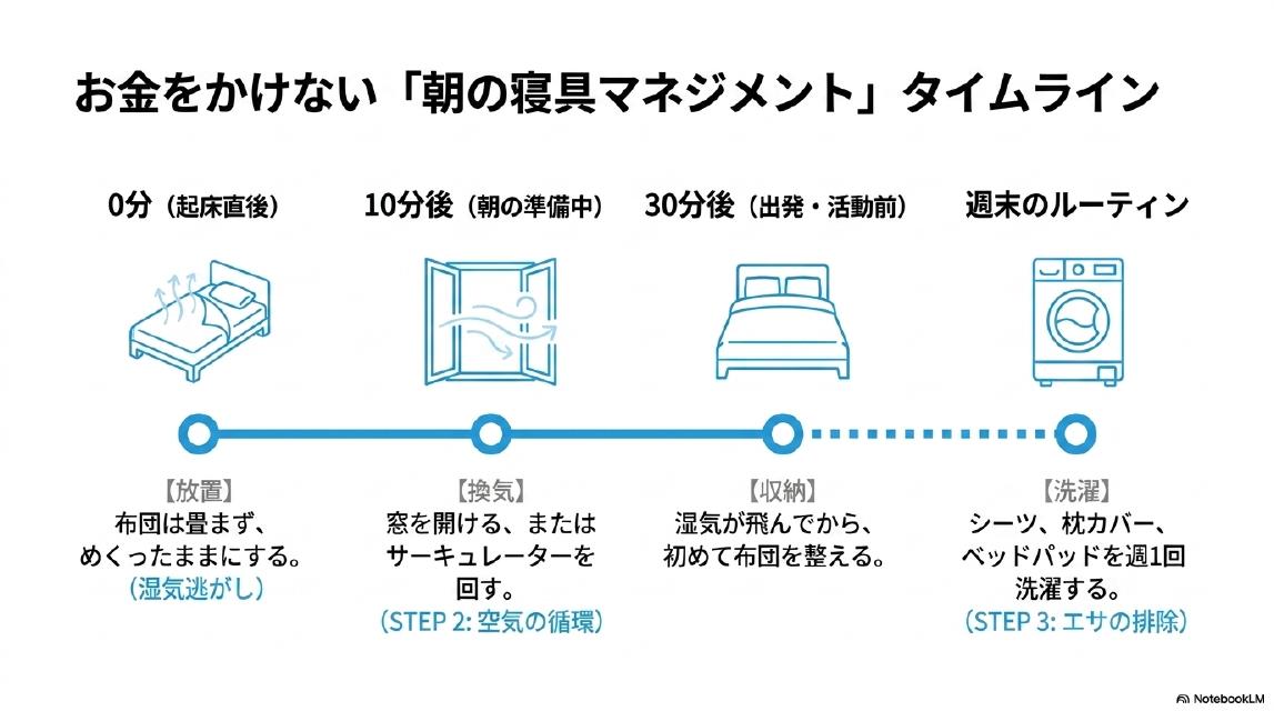 お金をかけない「朝の寝具マネジメント」タイムライン。0分（起床直後）：布団は畳まずめくったままにする（湿気逃がし）。10分後（朝の準備中）：窓を開ける、またはサーキュレーターを回す（STEP2：空気の循環）。30分後（出発・活動前）：湿気が飛んでから、初めて布団を整える（収納）。週末のルーティン：シーツ・枕カバー・ベッドパッドを週1回洗濯する（STEP3：エサの排除）。