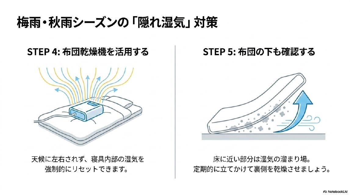 梅雨・秋雨シーズンの「隠れ湿気」対策。STEP4：布団乾燥機を活用する。天候に左右されず、寝具内部の湿気を強制的にリセットできます。STEP5：布団の下も確認する。床に近い部分は湿気の溜まり場。定期的に立てかけて裏側を乾燥させましょう。
