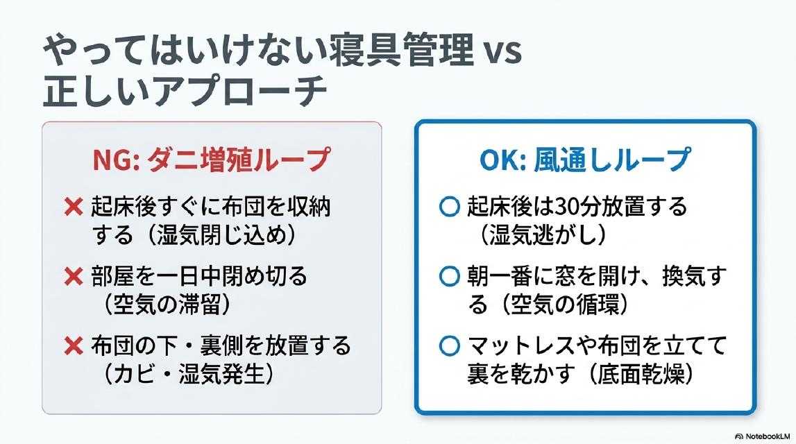 やってはいけない寝具管理 vs 正しいアプローチ。NG（ダニ増殖ループ）：起床後すぐに布団を収納する（湿気閉じ込め）・部屋を一日中閉め切る（空気の滞留）・布団の下・裏側を放置する（カビ・湿気発生）。OK（風通しループ）：起床後は30分放置する（湿気逃がし）・朝一番に窓を開け換気する（空気の循環）・マットレスや布団を立てて裏を乾かす（底面乾燥）。