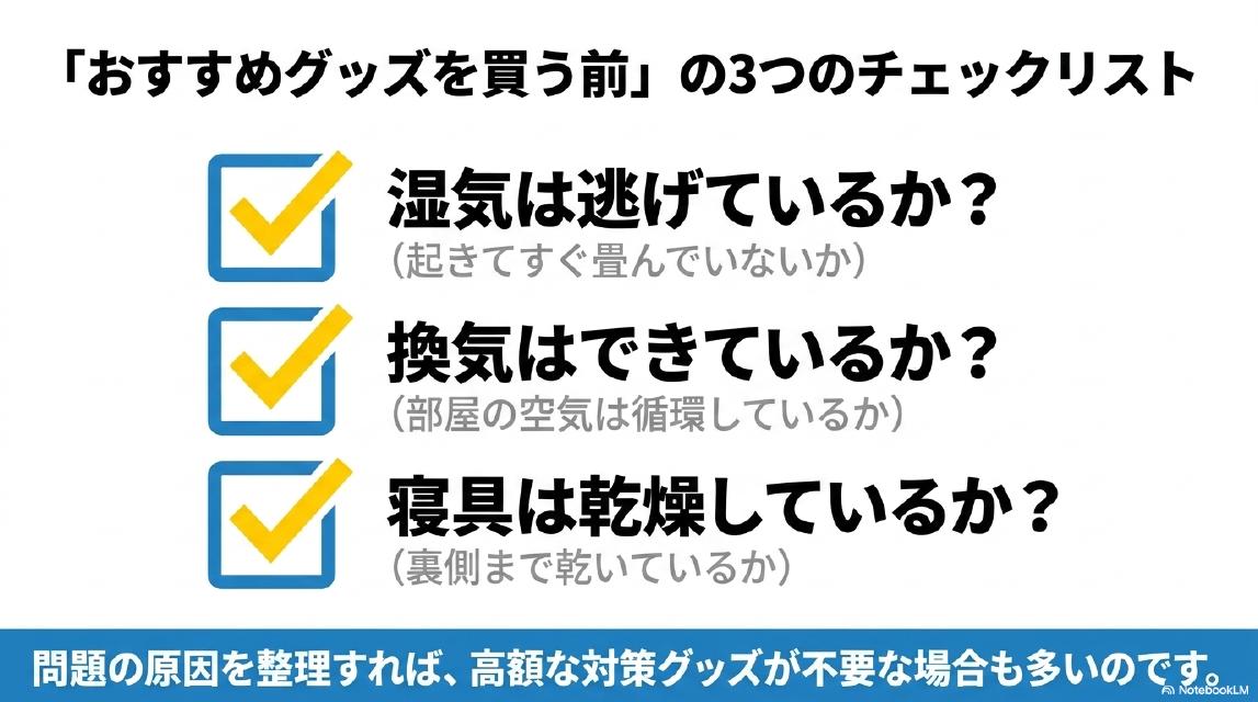 「おすすめグッズを買う前」の3つのチェックリスト。湿気は逃げているか？（起きてすぐ畳んでいないか）・換気はできているか？（部屋の空気は循環しているか）・寝具は乾燥しているか？（裏側まで乾いているか）。問題の原因を整理すれば、高額な対策グッズが不要な場合も多いのです。
