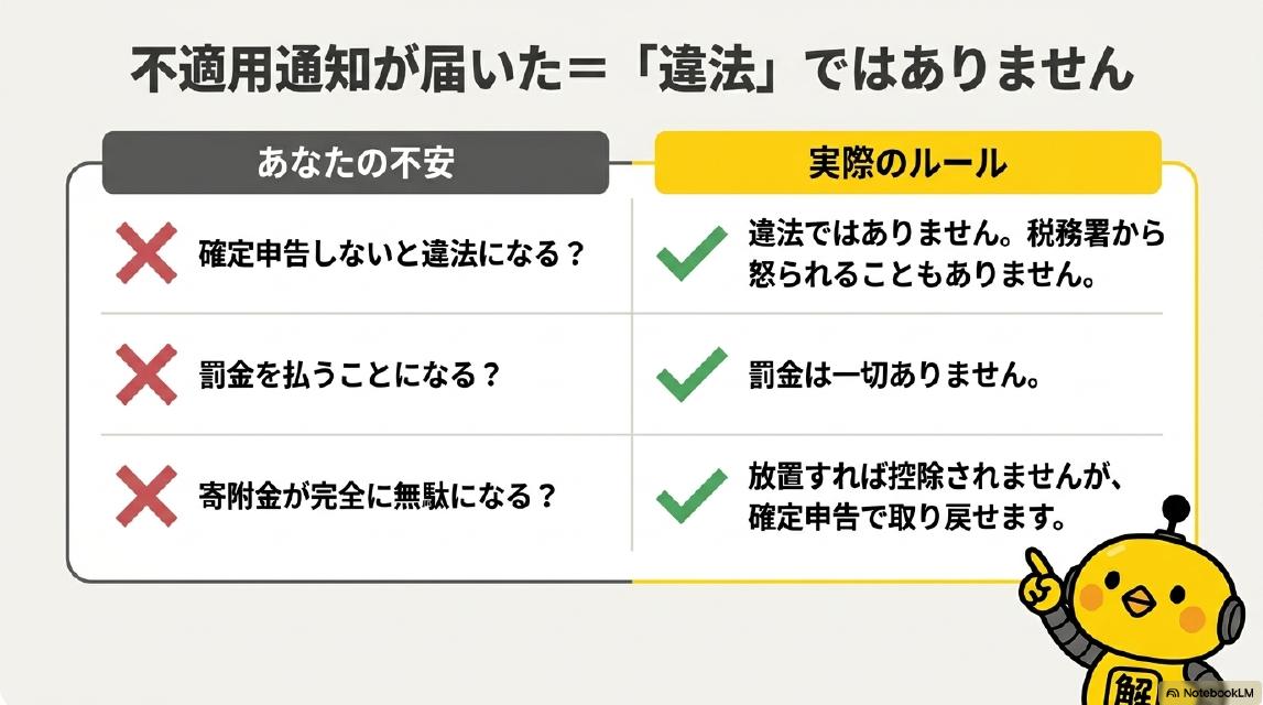 不適用通知が届いた＝「違法」ではありません。あなたの不安と実際のルール。❌確定申告しないと違法になる？→✅違法ではありません。税務署から怒られることもありません。❌罰金を払うことになる？→✅罰金は一切ありません。❌寄附金が完全に無駄になる？→✅放置すれば控除されませんが、確定申告で取り戻せます。カイピヨくん