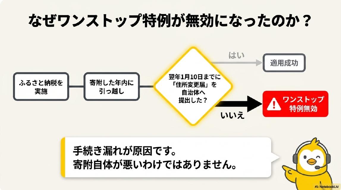 なぜワンストップ特例が無効になったのか？ふるさと納税を実施→寄附した年内に引っ越し→翌年1月10日までに「住所変更届」を自治体へ提出した？→はい：適用成功→いいえ：ワンストップ特例無効。手続き漏れが原因です。寄附自体が悪いわけではありません。