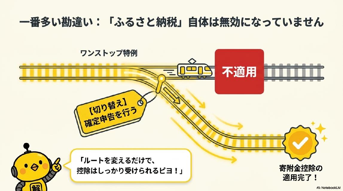一番多い勘違い：「ふるさと納税」自体は無効になっていません。ワンストップ特例（不適用）→切り替え・確定申告を行う→寄附金控除の適用完了！「ルートを変えるだけで、控除はしっかり受けられるピヨ！」