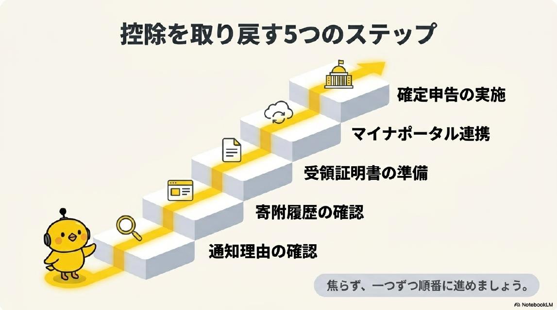 控除を取り戻す5つのステップ。STEP1:通知理由の確認→STEP2:寄附履歴の確認→STEP3:受領証明書の準備→STEP4:マイナポータル連携→STEP5:確定申告の実施。焦らず、一つずつ順番に進めましょう。