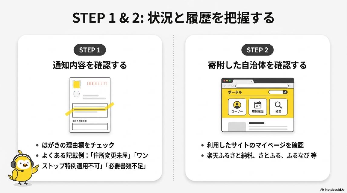 STEP1&2: 状況と履歴を把握する。STEP1通知内容を確認する：はがきの理由欄をチェック。よくある記載例：「住所変更未届」「ワンストップ特例適用不可」「必要書類不足」。STEP2寄附した自治体を確認する：利用したサイトのマイページを確認。楽天ふるさと納税、さとふる、ふるなび等。