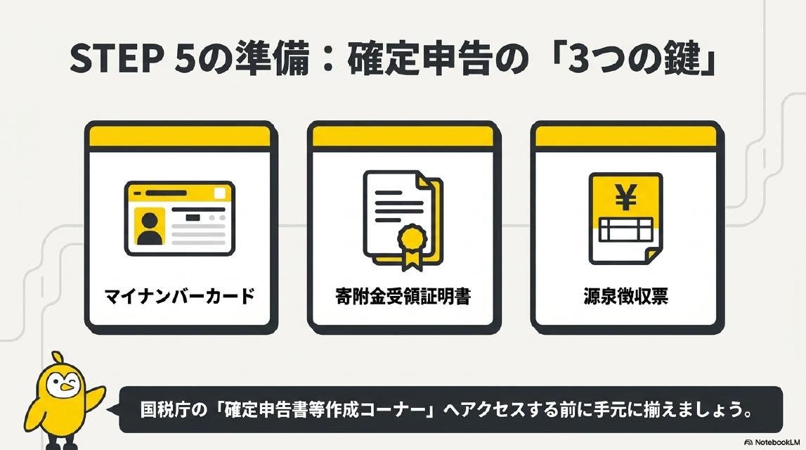 STEP5の準備：確定申告の「3つの鍵」。マイナンバーカード・寄附金受領証明書・源泉徴収票。国税庁の「確定申告書等作成コーナー」へアクセスする前に手元に揃えましょう。