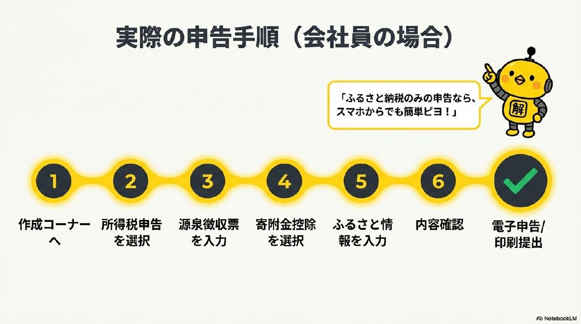 実際の申告手順（会社員の場合）。①作成コーナーへ→②所得税申告を選択→③源泉徴収票を入力→④寄附金控除を選択→⑤ふるさと情報を入力→⑥内容確認→電子申告/印刷提出。「ふるさと納税のみの申告なら、スマホからでも簡単ピヨ！」カイピヨくん