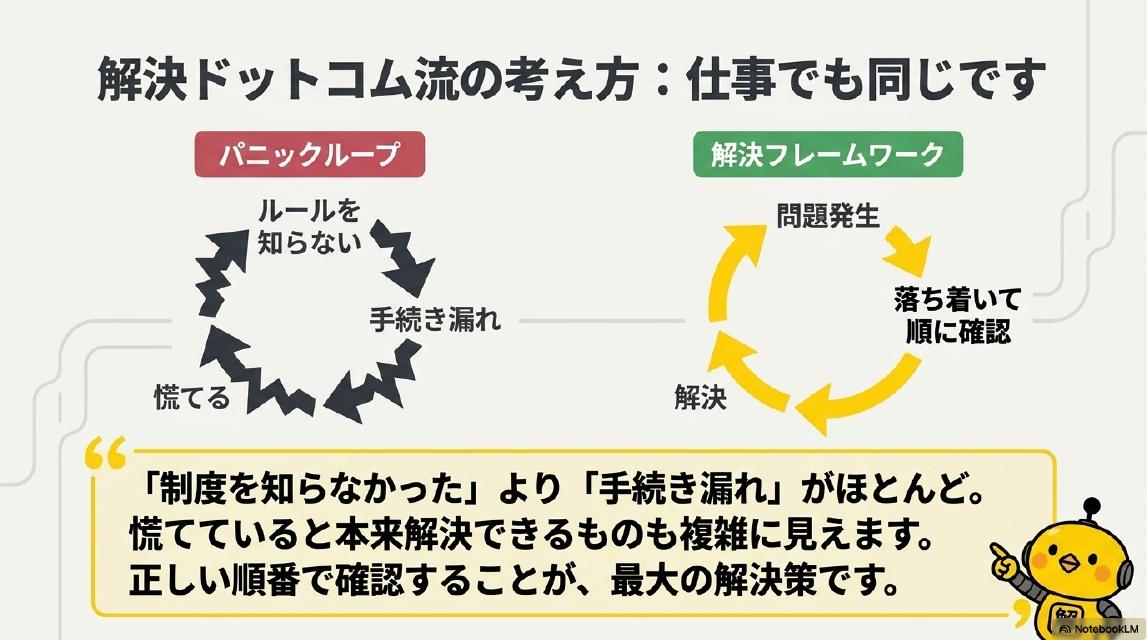 解決ドットコム流の考え方：仕事でも同じです。パニックループ：ルールを知らない→手続き漏れ→慌てる→繰り返し。解決フレームワーク：問題発生→落ち着いて順に確認→解決。「制度を知らなかった」より「手続き漏れ」がほとんど。慌てていると本来解決できるものも複雑に見えます。正しい順番で確認することが、最大の解決策です。