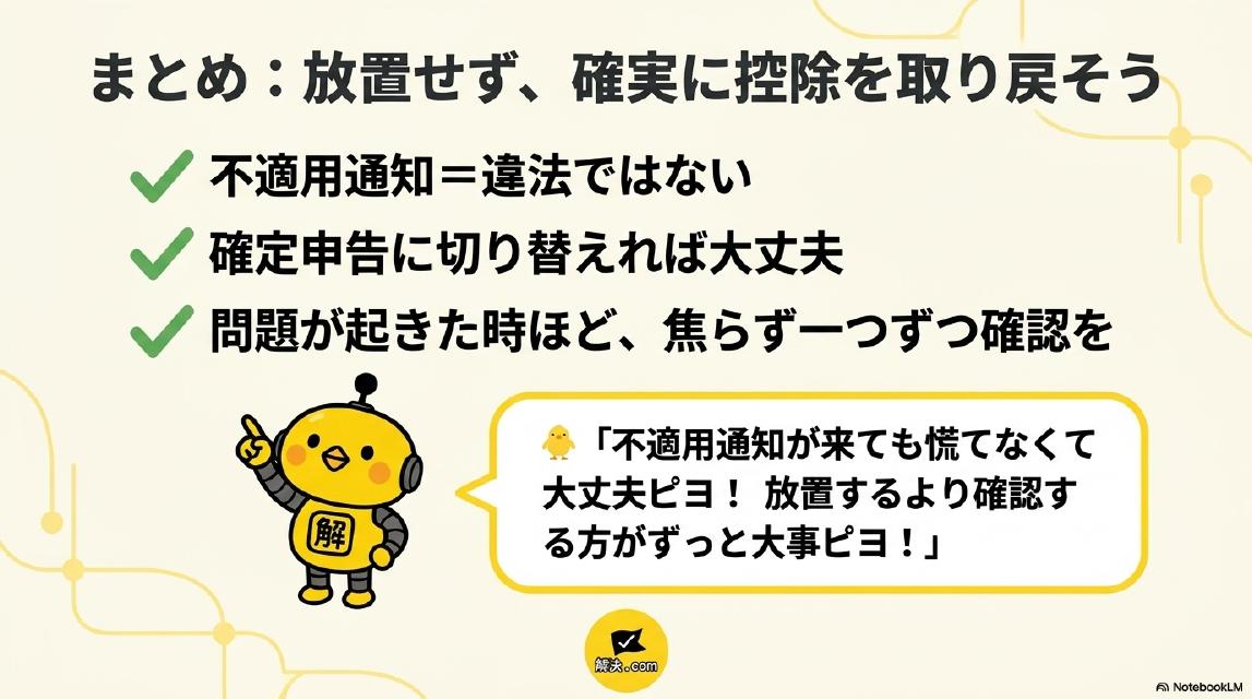 まとめ：放置せず、確実に控除を取り戻そう。✅不適用通知＝違法ではない。✅確定申告に切り替えれば大丈夫。✅問題が起きた時ほど、焦らず一つずつ確認を。「不適用通知が来ても慌てなくて大丈夫ピヨ！放置するより確認する方がずっと大事ピヨ！」解決.com