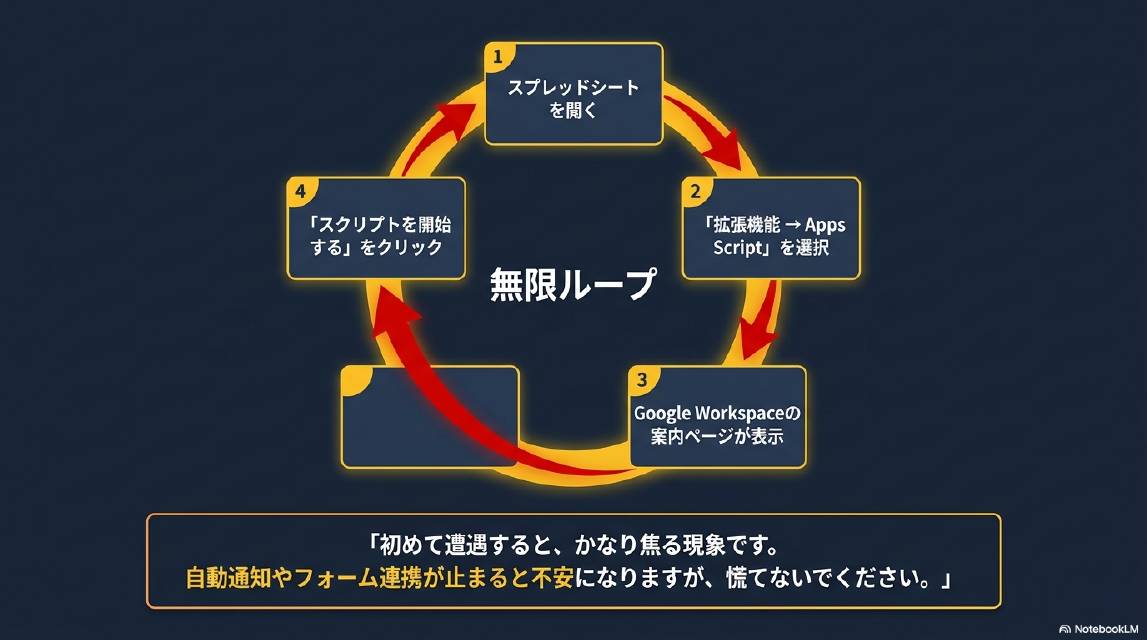GAS無限ループ図：スプレッドシートを開く→拡張機能→Apps Script→Google Workspaceの案内ページが表示→スクリプトを開始するをクリック→また同じページに戻る、という無限ループ。初めて遭遇すると焦る現象。自動通知やフォーム連携が止まると不安になるが慌てないでください。