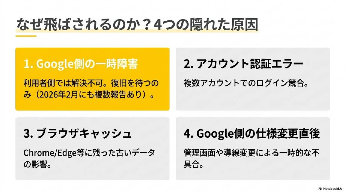 なぜ飛ばされるのか？4つの隠れた原因。1.Google側の一時障害：利用者側では解決不可・復旧を待つのみ（2026年2月にも複数報告あり）。2.アカウント認証エラー：複数アカウントでのログイン競合。3.ブラウザキャッシュ：Chrome/Edge等に残った古いデータの影響。4.Google側の仕様変更直後：管理画面や導線変更による一時的な不具合。