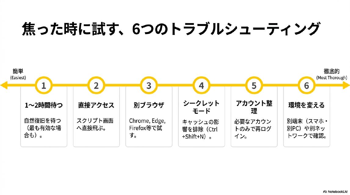 焦った時に試す6つのトラブルシューティング。簡単→徹底的の順に：1.1〜2時間待つ（自然復旧を待つ・最も有効な場合も）、2.直接アクセス（スクリプト画面へ直接飛ぶ）、3.別ブラウザ（Chrome・Edge・Firefox等で試す）、4.シークレットモード（キャッシュの影響を排除・Ctrl+Shift+N）、5.アカウント整理（必要なアカウントのみで再ログイン）、6.環境を変える（別端末・スマホ・別PCや別ネットワークで確認）。